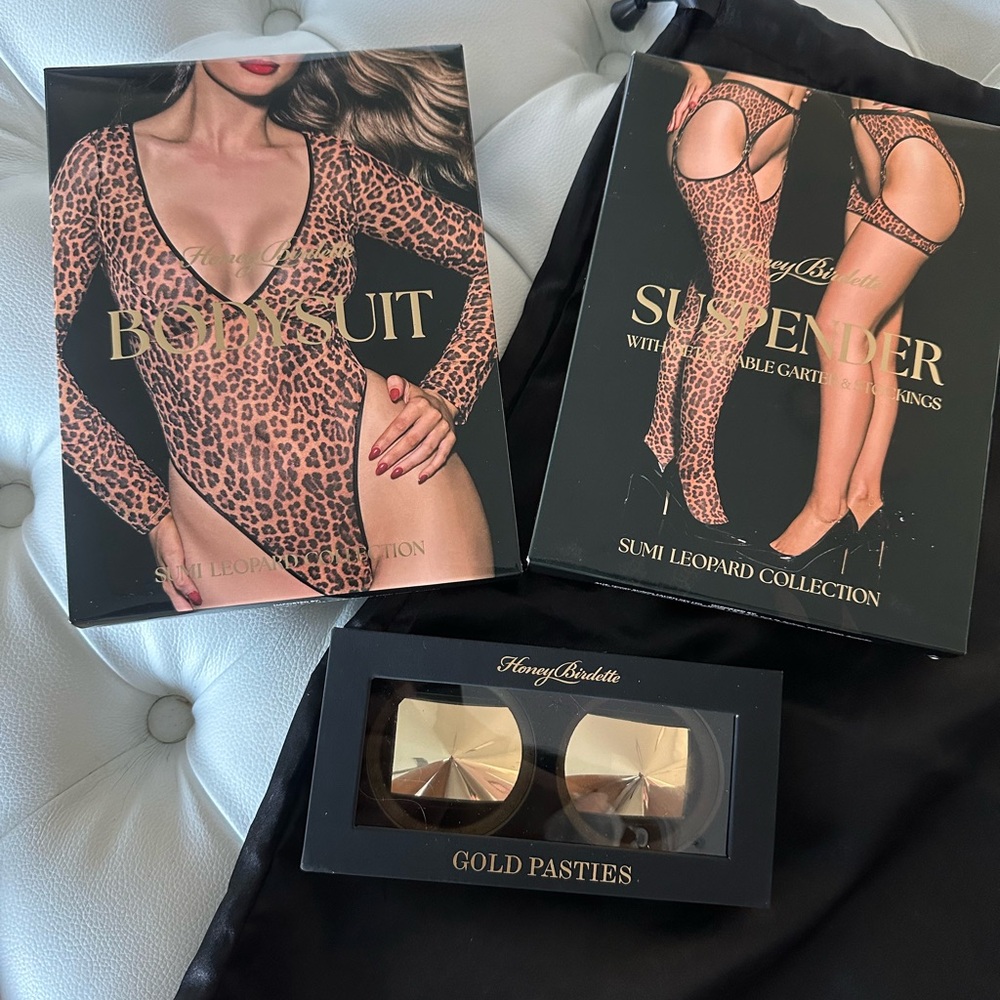 Honey Birdette Leopard Print Bodysuit & Suspender Set with Gold Pasties